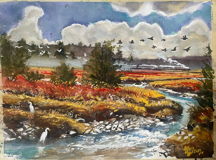 Watercolor of View from Plante Bridge in Newbury MA