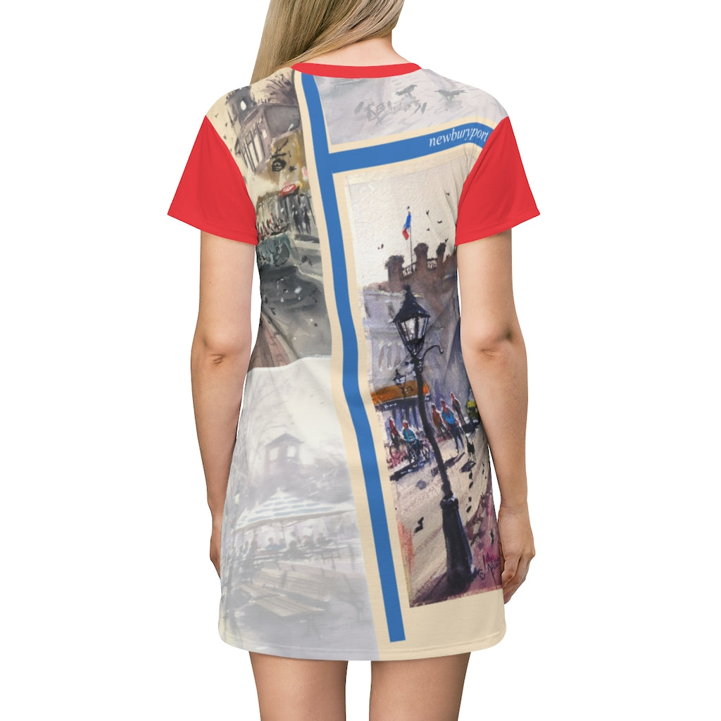 All Over Print T-Shirt Dress Showing the Cafes of Newburyport by Richard Burke Jones