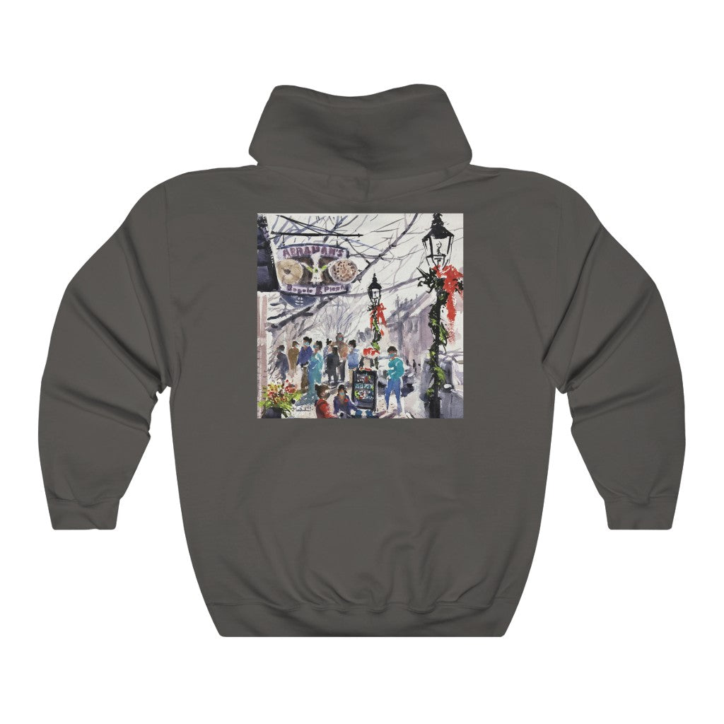 Showing Abe's Bagels painting by Richard Burke Jones Unisex Heavy Blend™ Hooded Sweatshirt