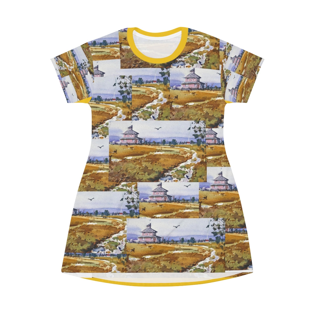 All Over Print T-Shirt Dress showing the Pink House on the way to Plum Island
