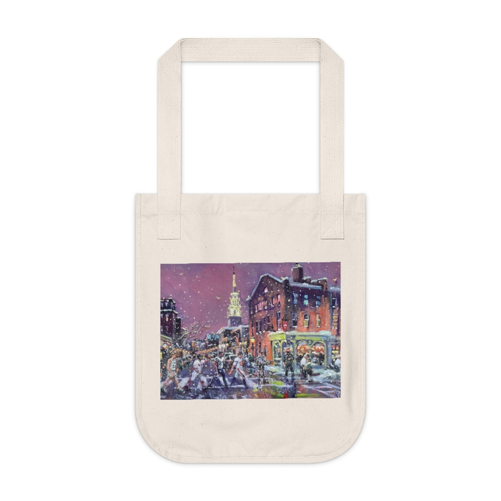 Organic Canvas Tote Bag showing Oil Painting of Sports Figures walking across our Abbey Road.