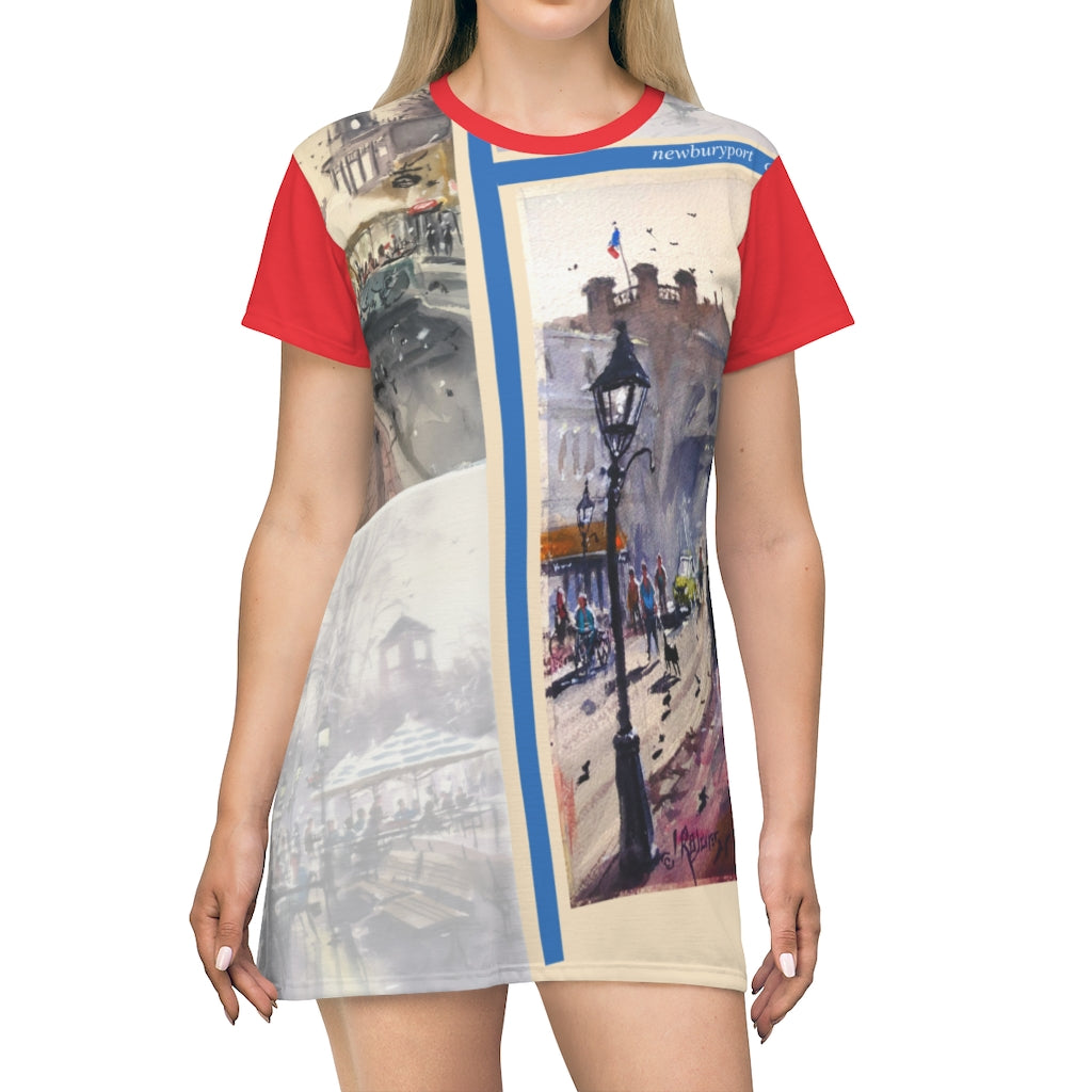 All Over Print T-Shirt Dress Showing the Cafes of Newburyport by Richard Burke Jones