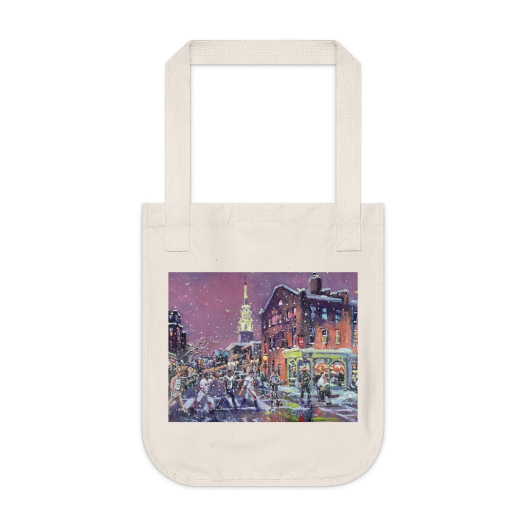 Organic Canvas Tote Bag showing Oil Painting of Sports Figures walking across our Abbey Road.