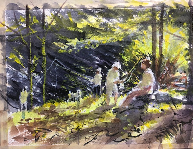 "Along the Artichoke, Fishing Party" Watercolor Painting