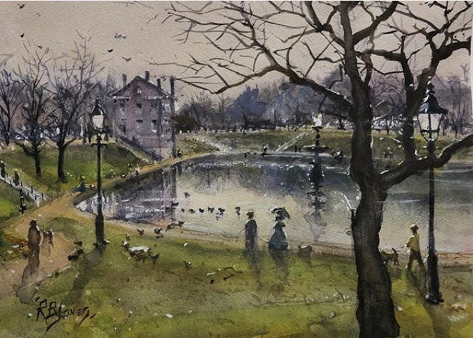 "Bartlett Mall, Newburyport" Watercolor Painting