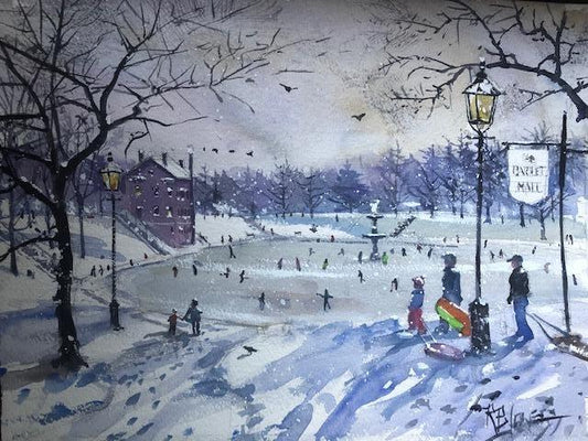 Bartlett Mall Winter Fun - Original Oil in hand-leafed frame.
