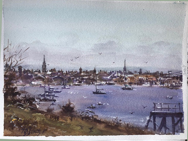 "View of Newburyport from Rings Island" Watercolor Painting