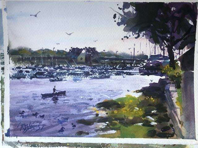 "View from Rings Island Dock" Watercolor Painting