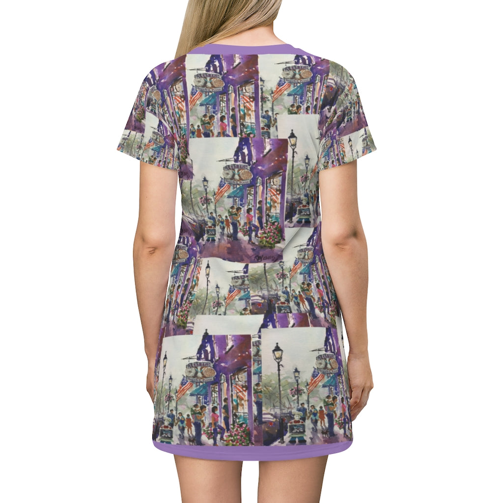All Over Print T-Shirt Dress showing the watercolor of Abe's Bagel by Richard Burke Jones