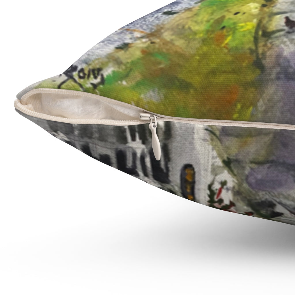 Showing the watercolor of Along Point Shore by Richard Burke Jones. Spun Polyester Square Pillow