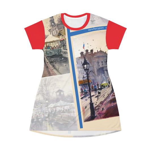 All Over Print T-Shirt Dress Showing the Cafes of Newburyport by Richard Burke Jones