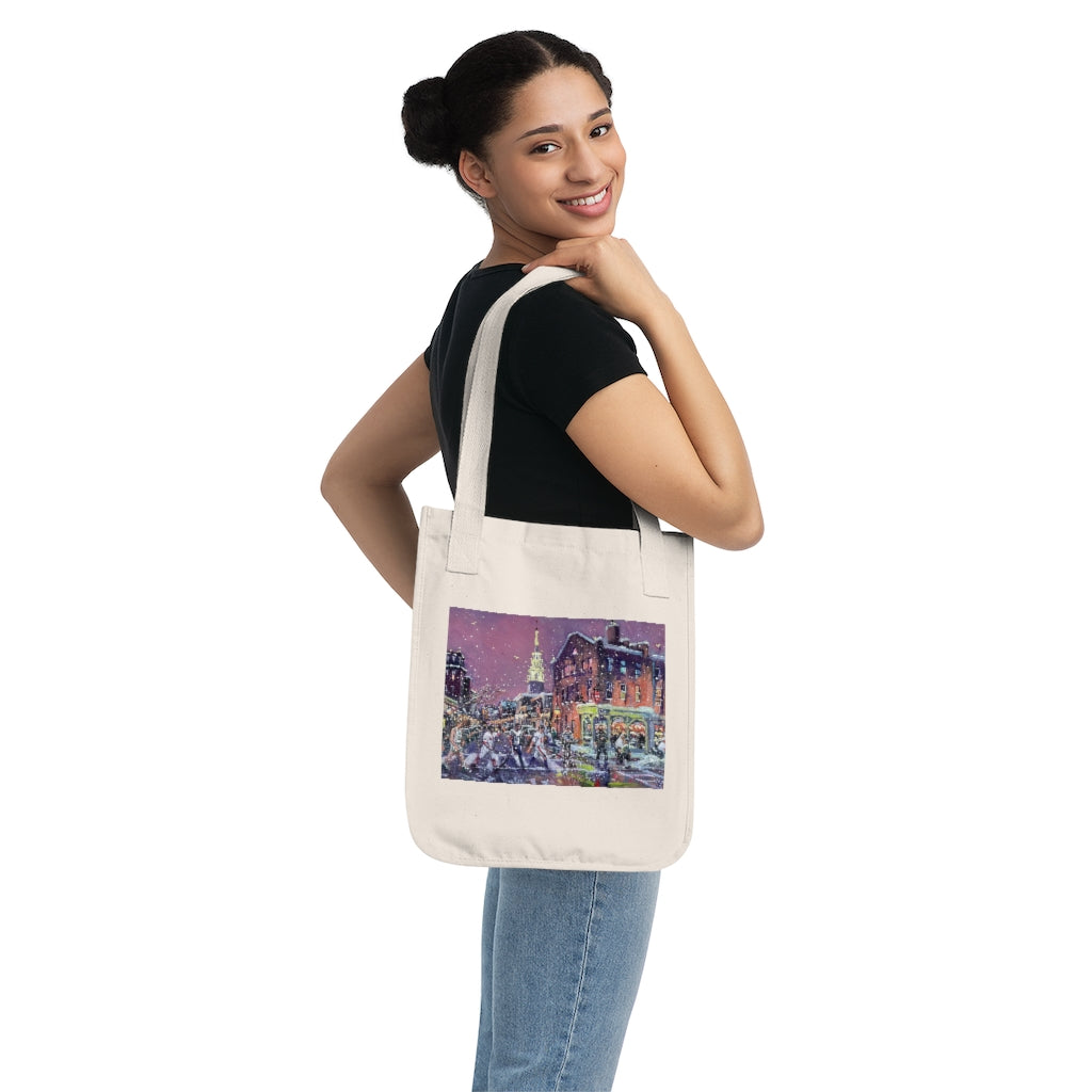 Organic Canvas Tote Bag showing Oil Painting of Sports Figures walking across our Abbey Road.