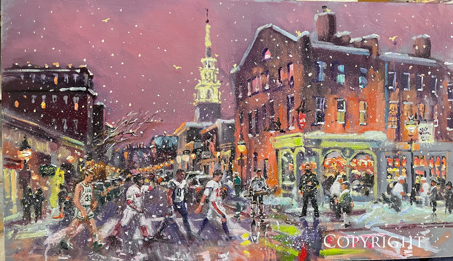 “State St at Pleasant with Boston Sports Figures, Newburyport” Giclee Print of Oil Painting