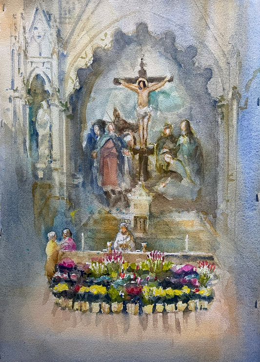 Watercolor, 15 x 22" Depicting the beautiful interior of the I.C. Church at Easter!