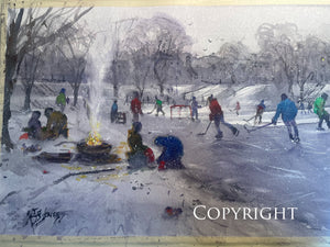 "Ice Skaters at the Mall with Fire Pit"   Giclee Print
