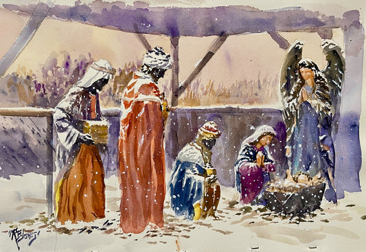 Quiet Presence — Outdoor Crèche After Snowfall Watercolor on paper, 15 x 22”, Richard Burke Jones