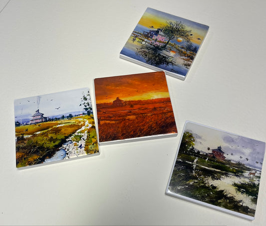 Handmade Coasters in Newburyport signed by the Artist -Bundle of 4 (Pink House)