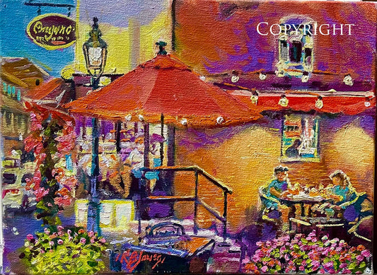 Oregano's Outdoor Dining at Night, oil on linen, 9 x 12"