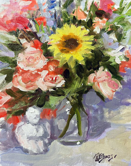 Studio Sunflower with Roses Study — Oil on Board, 9 x 12 inches By Richard Burke Jones - One Week Only