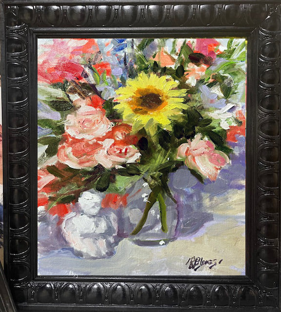 Studio Sunflower with Roses Study — Oil on Board, 9 x 12 inches By Richard Burke Jones - One Week Only