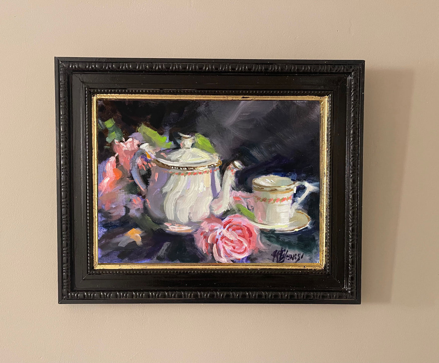 Quiet Presence — Tea Pot with Rose and Cup Study — Framed (9 × 12) Original oil on panel