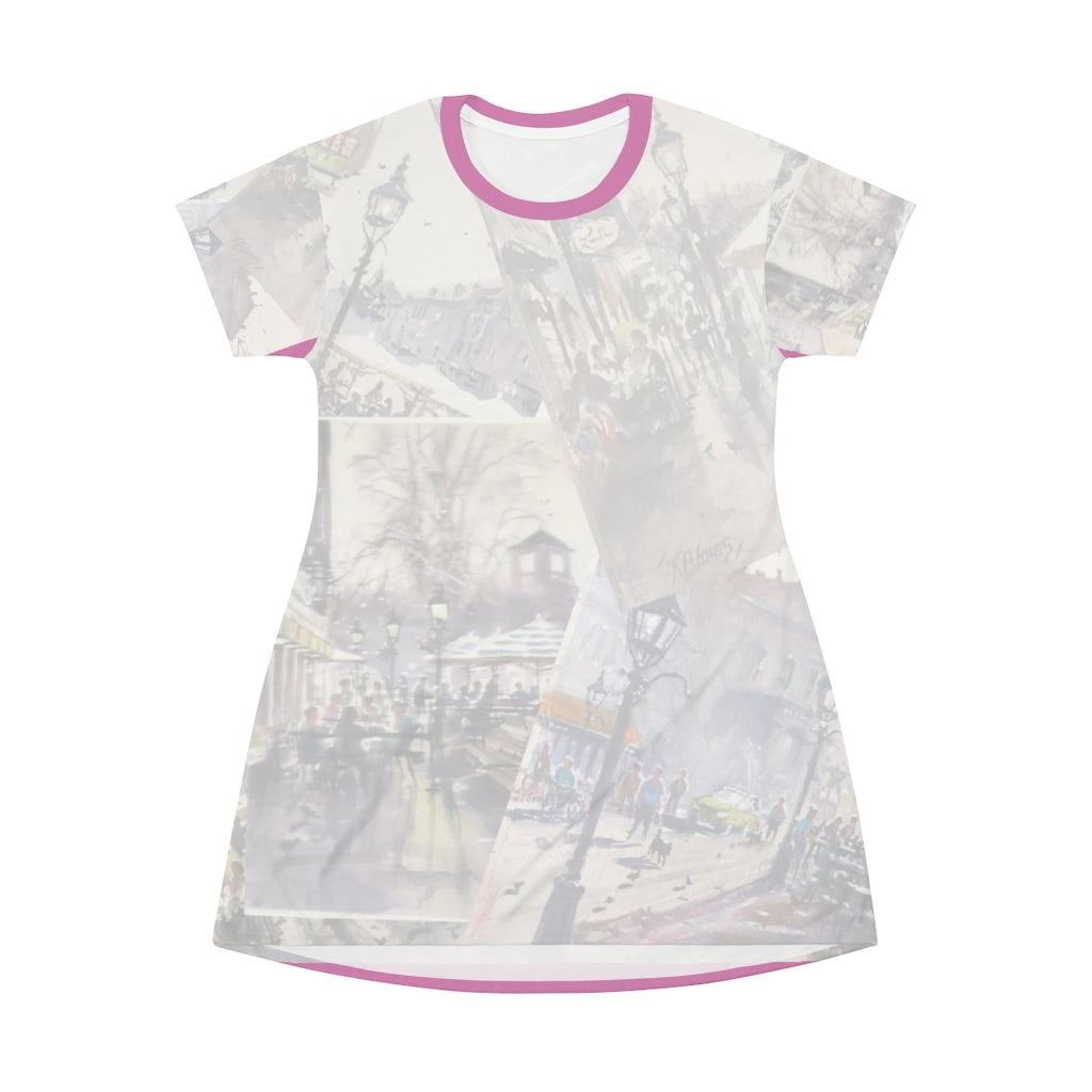 All Over Print T-Shirt Dress Showing the Cafes of Newburyport as depicted by Richard Burke Jones