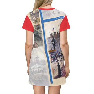 All Over Print T-Shirt Dress Showing the Cafes of Newburyport by Richard Burke Jones