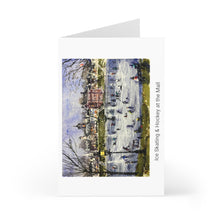 Ice Skating at the Mall (horizontal) Greeting Cards (7 pcs) showing a watercolor of Ice Skating Under the Lights at the Mall, Newburyport by Richard Burke Jones