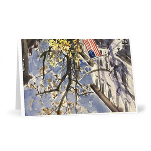 Greeting Cards (7 pcs) showing watercolor of Beck St, Early Morning, Newburyport by Richard Burke Jones
