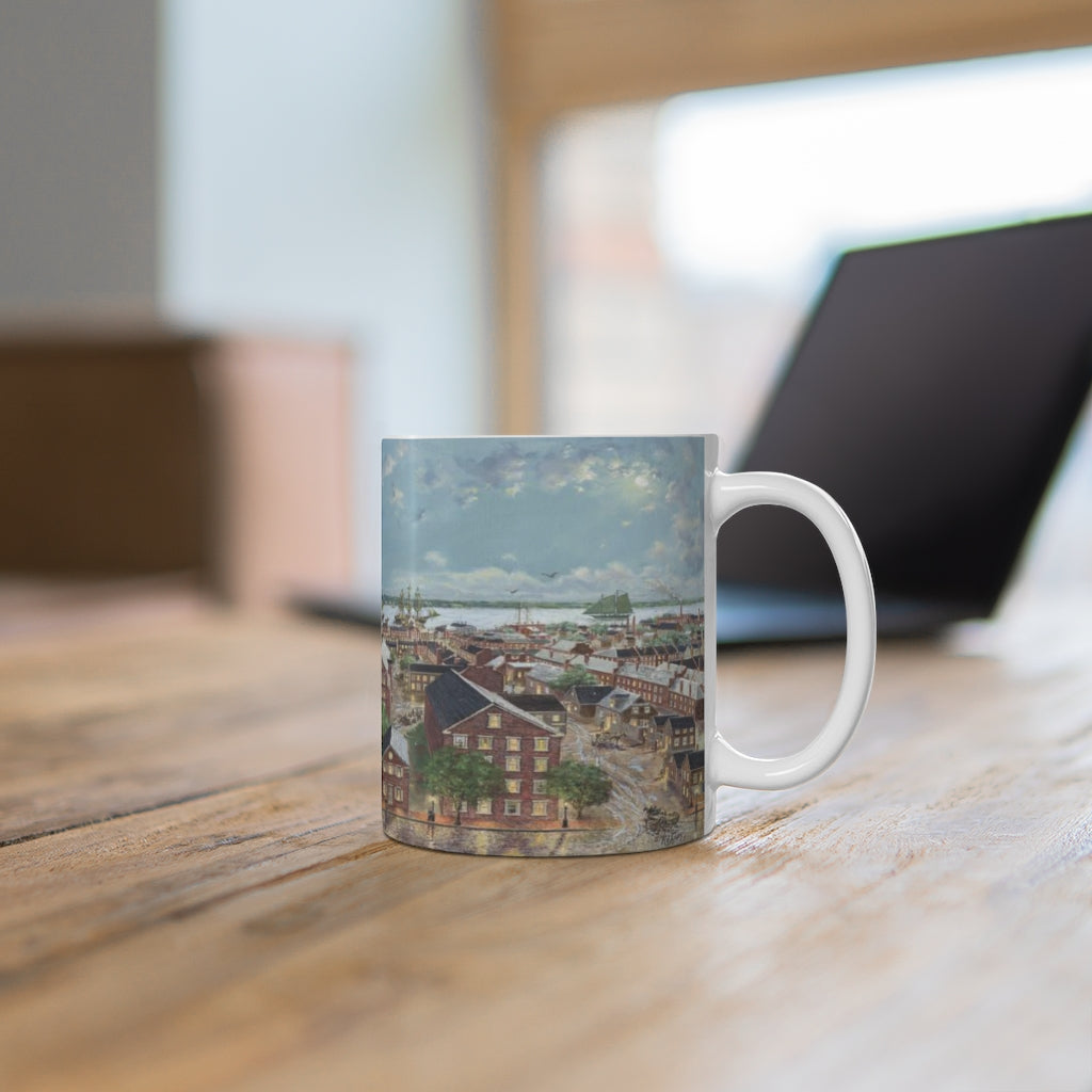 11 oz ceramic mug shows the Newburyport painting 'Pleasant St to the Ships and Beyond, 1860" by Richard Burke Jones