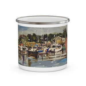 Enamel Camping Mug showing the 'Commercial Fishing Boats' in Portsmouth by Richard Burke Jones