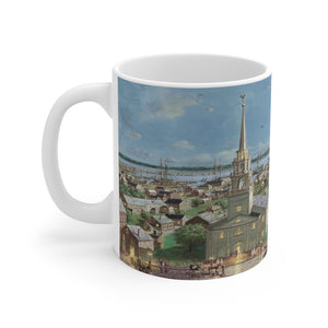 11 oz ceramic mug shows the Newburyport painting 'Pleasant St to the Ships and Beyond, 1860" by Richard Burke Jones