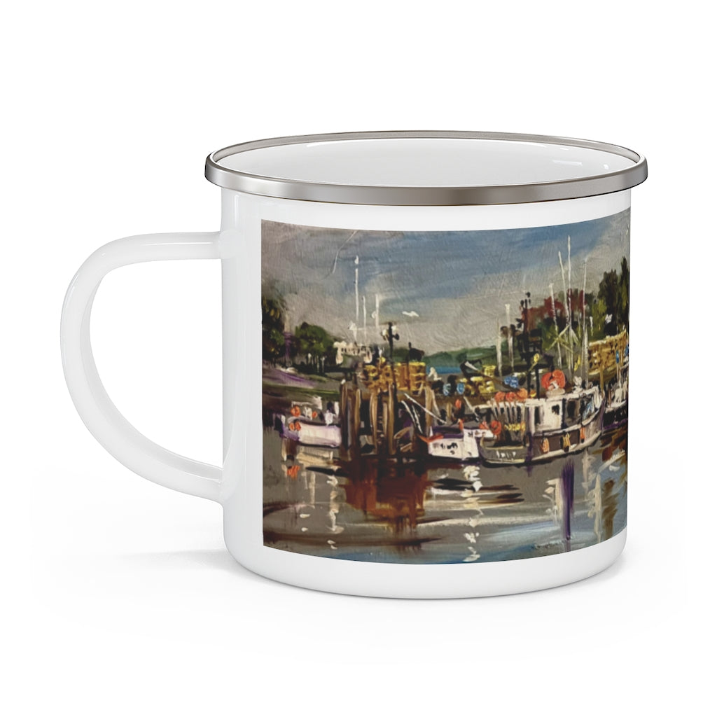 Enamel Camping Mug showing the 'Commercial Fishing Boats' in Portsmouth by Richard Burke Jones