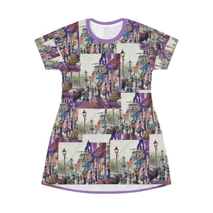 All Over Print T-Shirt Dress showing the watercolor of Abe's Bagel by Richard Burke Jones