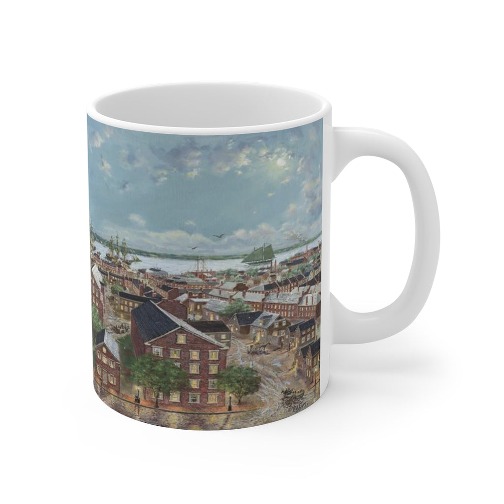 11 oz ceramic mug shows the Newburyport painting 'Pleasant St to the Ships and Beyond, 1860" by Richard Burke Jones