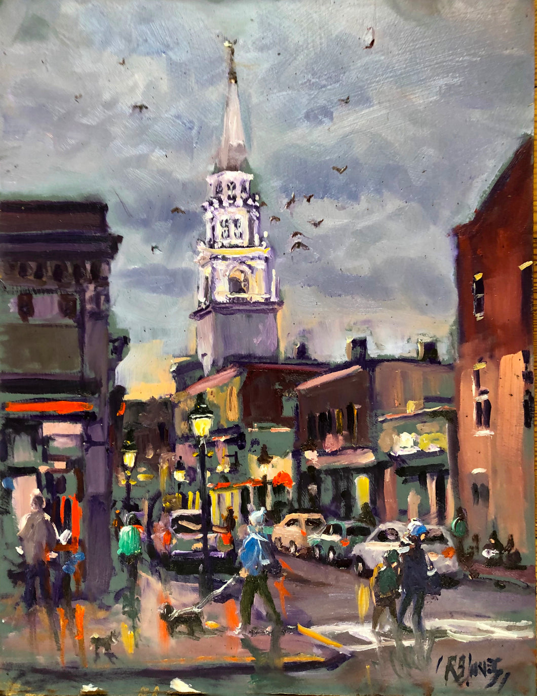 Pleasant and State with Unitarian Church at dusk. Giclee