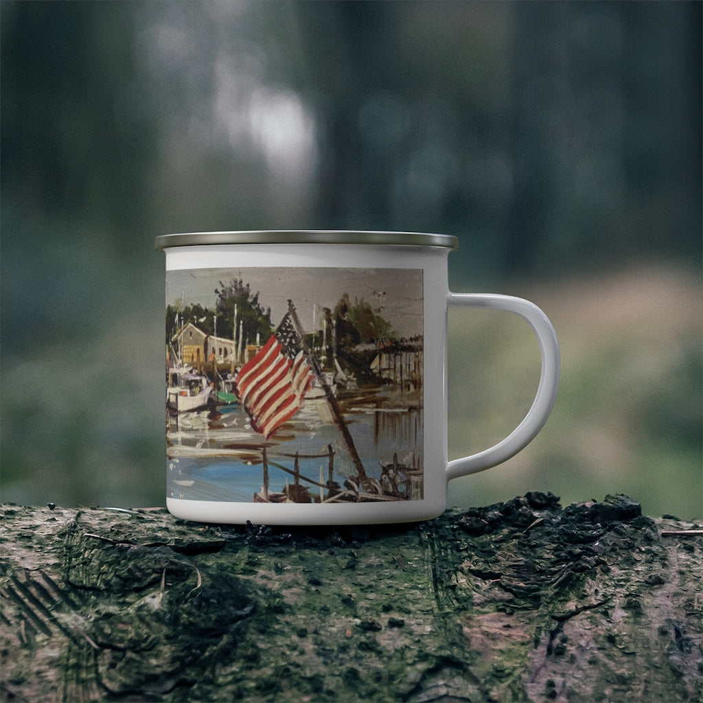 Enamel Camping Mug showing the 'Commercial Fishing Boats' in Portsmouth by Richard Burke Jones