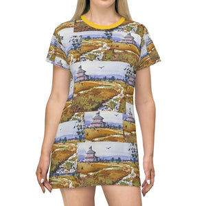 All Over Print T-Shirt Dress showing the Pink House on the way to Plum Island