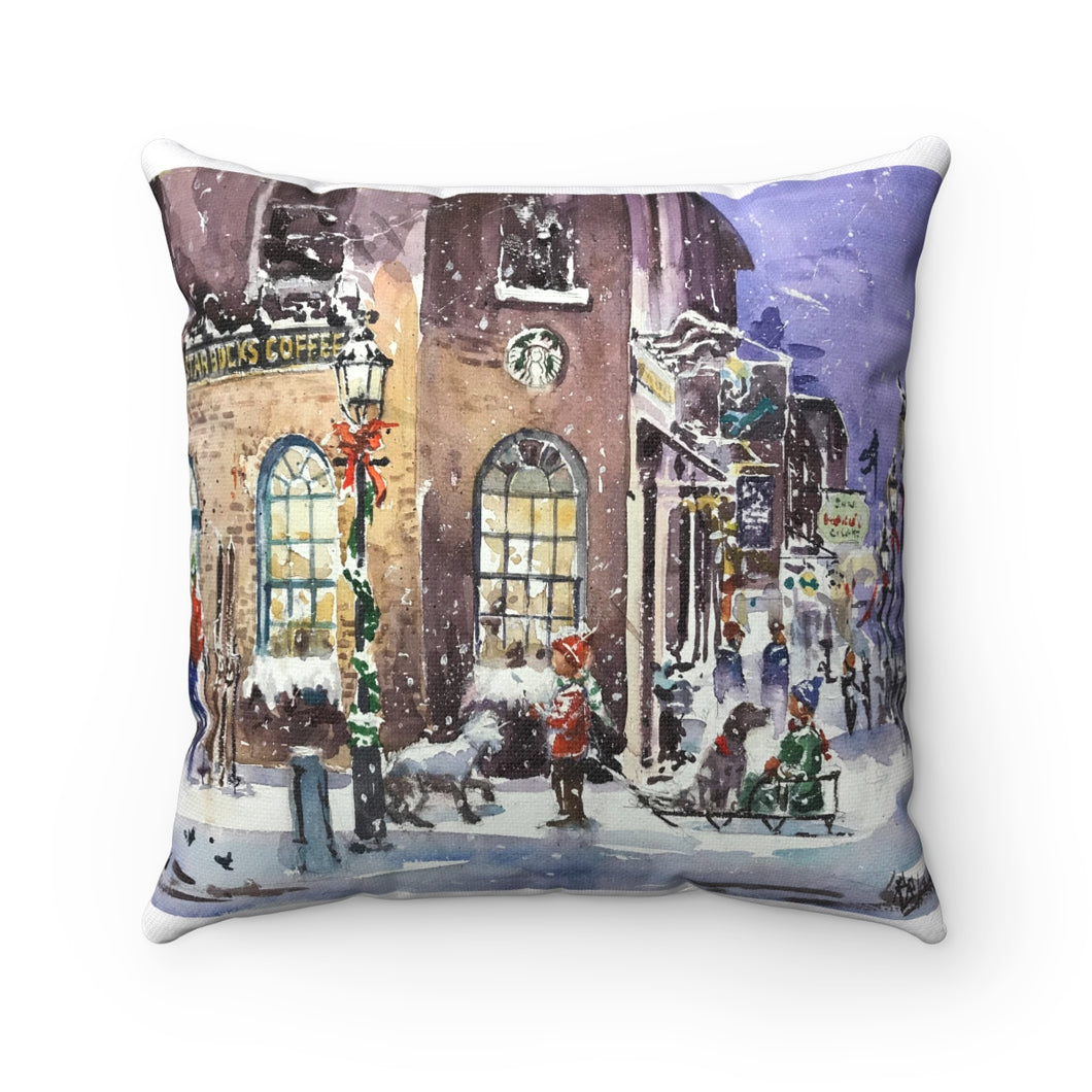 Starbucks Corner, Liberty St, Newburyport - Spun Polyester Square Pillow Cover