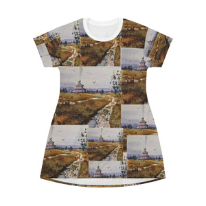 All Over Print T-Shirt Dress Showing the Pink House on the way to Plum Island, Newbury, MA