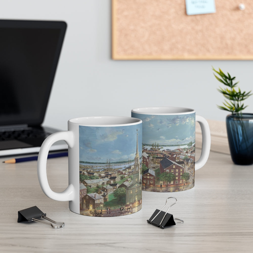 11 oz ceramic mug shows the Newburyport painting 'Pleasant St to the Ships and Beyond, 1860" by Richard Burke Jones