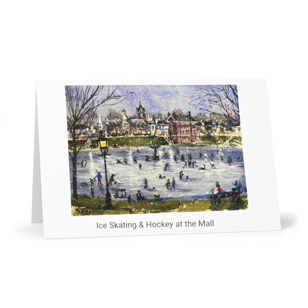 Ice Skating at the Mall (horizontal) Greeting Cards (7 pcs) showing a watercolor of Ice Skating Under the Lights at the Mall, Newburyport by Richard Burke Jones