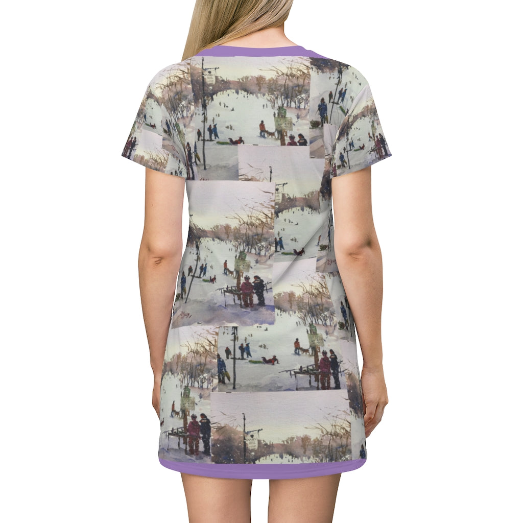 All Over Print T-Shirt Dress showing the artwork of Richard Burke Jones with his watercolor March's Hill 'Winter Fun!"