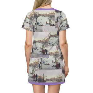 All Over Print T-Shirt Dress showing the artwork of Richard Burke Jones with his watercolor March's Hill 'Winter Fun!"