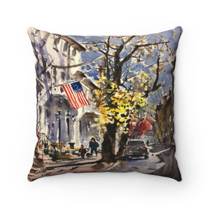 Spun Polyester Square Pillow Showing Watercolor of Beck St in the Early Morning, Fall Light