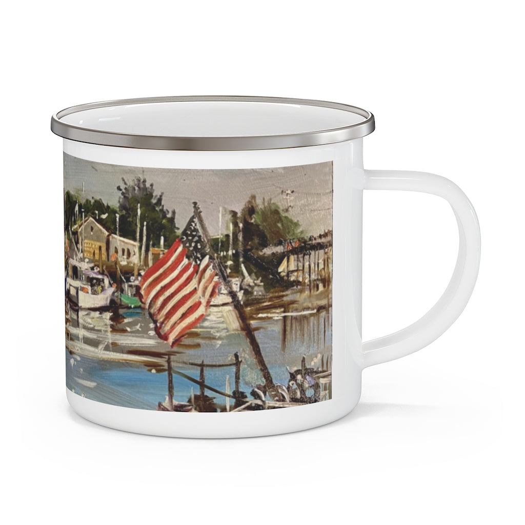 Enamel Camping Mug showing the 'Commercial Fishing Boats' in Portsmouth by Richard Burke Jones