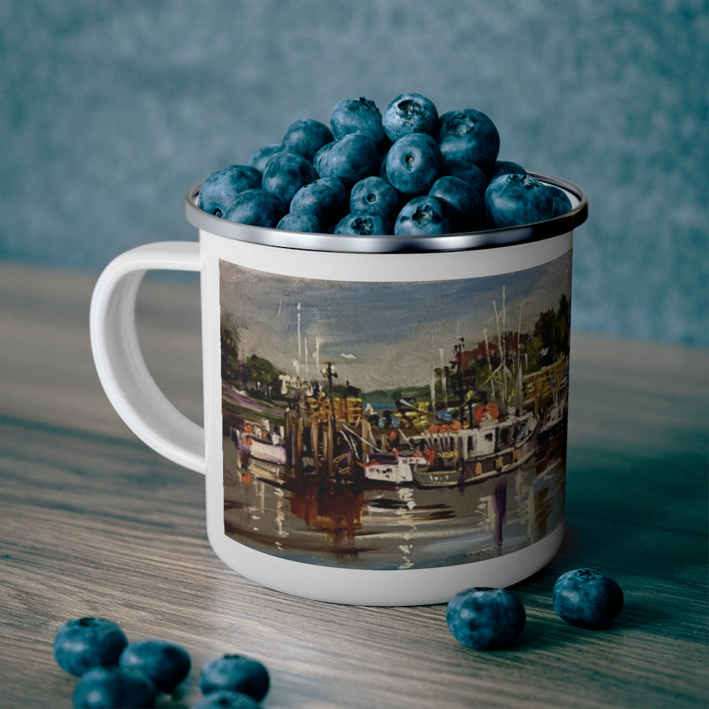 Enamel Camping Mug showing the 'Commercial Fishing Boats' in Portsmouth by Richard Burke Jones