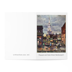 Greeting Cards (7 pcs) showing the Oil Painting of the intersection of Pleasant St and State St, Newburyport by Richard Burke Jones