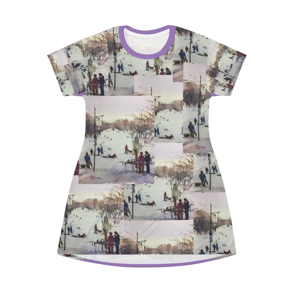 All Over Print T-Shirt Dress showing the artwork of Richard Burke Jones with his watercolor March's Hill 'Winter Fun!"