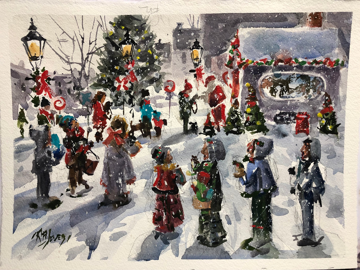 Carolers Sing at Santa's Workshop - Watercolor